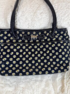 Vintage Brighton Daisy Tote Bag Purse Leather Braided Shoulder Straps Black